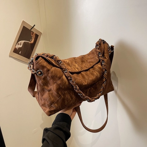 Gesteppte Hobo Bag PU Leder Rautenmuster Schultertasche Kettengurt Große Kapazität Vintage Chic Unterachseltasche Damen