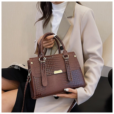Women Crocodile Pattern PU Leather Handbag Vintage Minimalist Top Handle Shoulder Bag With Adjustable Strap