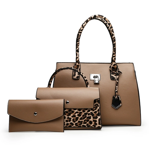 Stylish Women Handbags PU Leather Lychee Pattern Leopard Print Handles Shoulder Tote Crossbody Clutch Office Travel Retro Chic