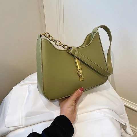 Bolso de Axila de Cuero PU de Moda Para Mujer Color Sólido Decoración de Cadena Cierre de Metal Bolso de Hombro Hobo Street Style