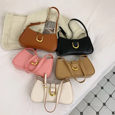 Elegant Women PU Leather Shoulder Bag Golden Metal Buckle Adjustable Strap Solid Color Underarm Crossbody Purse