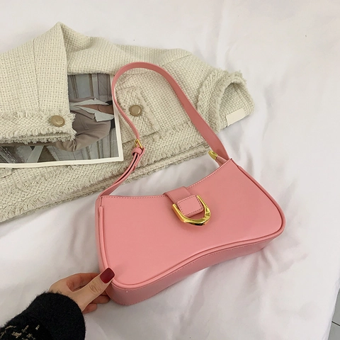Elegant Women PU Leather Shoulder Bag Golden Metal Buckle Adjustable Strap Solid Color Underarm Crossbody Purse