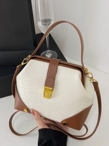 Bolso De Mano De Cuero PU Con Patrón De Cocodrilo Retro Para Mujer Bolso De Doctor Vintage Color En Contraste Con Cierre De Metal Dorado