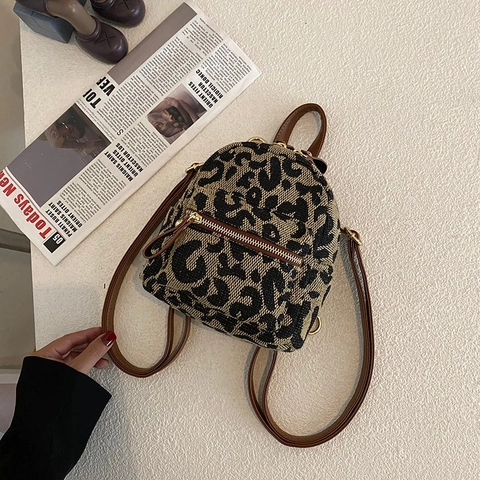 Mini Mochila De Leopardo Para Mujer Lona Cuero PU Bolso Bandolera Moda Bolso De Hombro Pequeño
