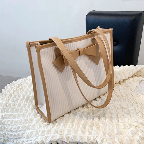 Borsa Tote In Pelle PU Da Donna Grande Capacità Decorazione Con Fiocco Trama Plicata Colore A Contrasto Borsa A Spalla Elegante