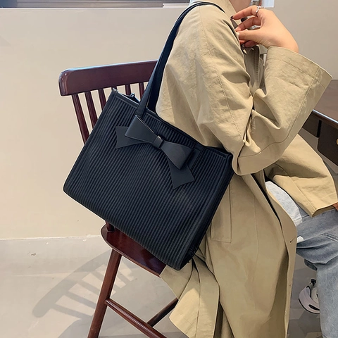 Borsa Tote In Pelle PU Da Donna Grande Capacità Decorazione Con Fiocco Trama Plicata Colore A Contrasto Borsa A Spalla Elegante