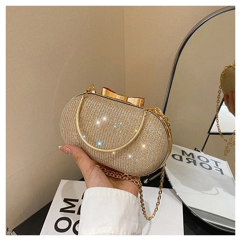Glitter Sequin Women Evening Clutch Bag Hard Shell Bow Clasp Party Handbag With Metal Handle And Detachable Chain Strap