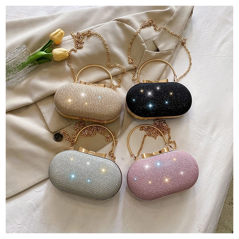 Glitter Sequin Women Evening Clutch Bag Hard Shell Bow Clasp Party Handbag With Metal Handle And Detachable Chain Strap