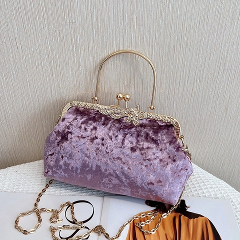 Vintage Samt Abendtasche Mit Strass Schmetterlingsverschluss Metallgriff Kettenschultergurt Für Damen Elegant
