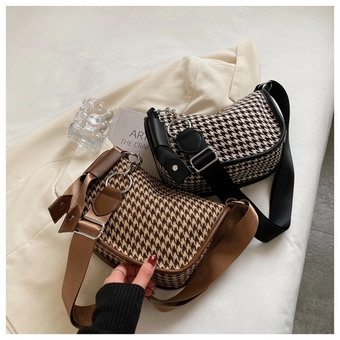 Houndstooth Umhängetasche Wolle Stoff Schultertasche Mit Breitem Riemen Silberne Kette Retro Stil Für Damen