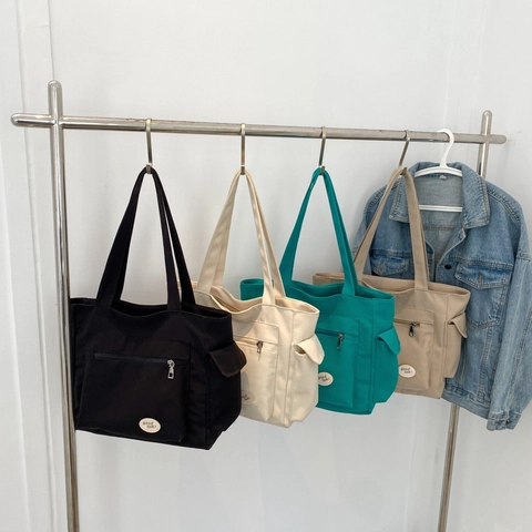 Bolso Tote De Lona De Gran Capacidad Con Varios Bolsillos Bolso De Hombro Para Mujer Casual Color Sólido Parche Good Luck