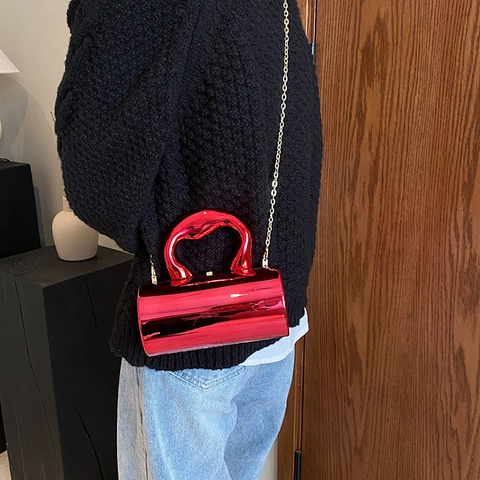Bolso De Noche Cilindro De PU Espejo Metálico Con Asa Escultural Correa De Cadena Desmontable Bolso De Fiesta Para Mujer