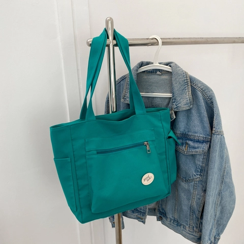 Bolso Tote De Lona De Gran Capacidad Con Varios Bolsillos Bolso De Hombro Para Mujer Casual Color Sólido Parche Good Luck