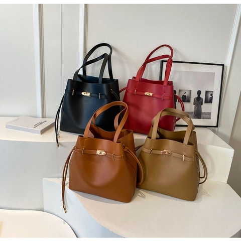 Damen PU Leder Einkaufstasche Große Kapazität Eimer Umhängetasche Mit Goldenem Drehverschluss Kordelzug Retro Minimalistisch Büro