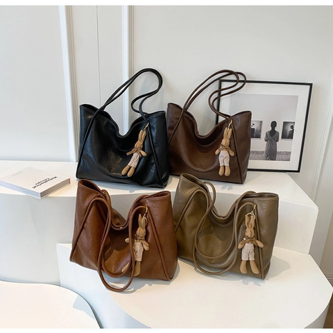 Bolso Tote De Gran Capacidad Cuero PU Retro Color Sólido Bolso De Hombro Para Mujeres Casual