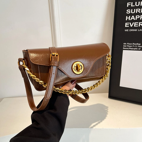 Retro PU Leder Schultertasche Mit Goldener Grober Kette Und Rundem Drehverschluss Minimalistische Achseltasche Für Damen