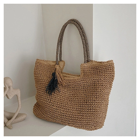 Sac Fourre-tout En Paille Tissé Pour Femmes Grande Capacité Décor De Pompon Poignée Rayée Vacances Style Urbain Sac À Main
