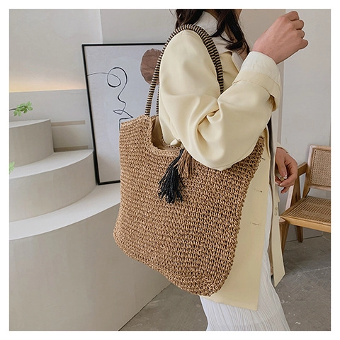 Sac Fourre-tout En Paille Tissé Pour Femmes Grande Capacité Décor De Pompon Poignée Rayée Vacances Style Urbain Sac À Main