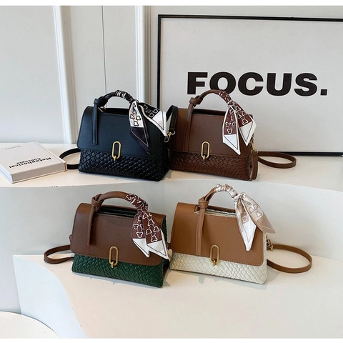Woven Pattern PU Leather Handbag With Satin Scarf Decor Gold Metal Lock Crossbody Shoulder Bag Vintage Square Design For Women