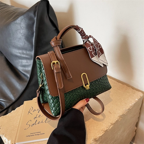Woven Pattern PU Leather Handbag With Satin Scarf Decor Gold Metal Lock Crossbody Shoulder Bag Vintage Square Design For Women