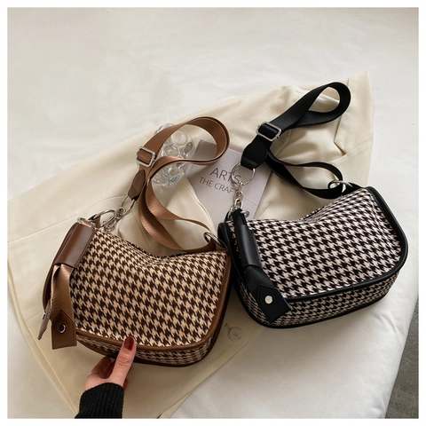 Houndstooth Umhängetasche Wolle Stoff Schultertasche Mit Breitem Riemen Silberne Kette Retro Stil Für Damen