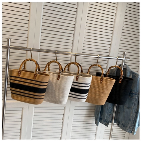 Woven Straw Tote Bag With Bamboo Handle Striped Large Capacity Casual Handbag For Women Vintage Contrast Color Vacation Style