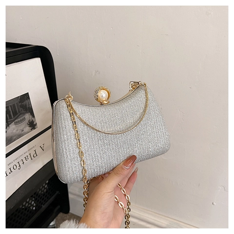 Sequin Glitter Evening Clutch Bag With Faux Artificial Pearl Clasp And Metal Ring Handle For Women Party Wedding Prom Dinner