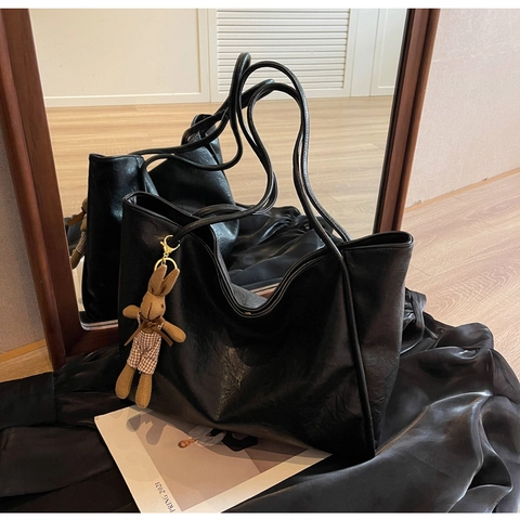 Bolso Tote De Gran Capacidad Cuero PU Retro Color Sólido Bolso De Hombro Para Mujeres Casual