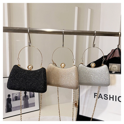 Sequin Glitter Evening Clutch Bag With Faux Artificial Pearl Clasp And Metal Ring Handle For Women Party Wedding Prom Dinner