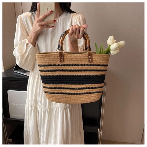 Woven Straw Tote Bag With Bamboo Handle Striped Large Capacity Casual Handbag For Women Vintage Contrast Color Vacation Style