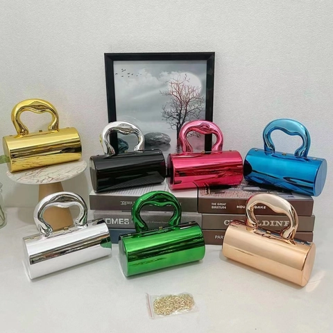 Bolso De Noche Cilindro De PU Espejo Metálico Con Asa Escultural Correa De Cadena Desmontable Bolso De Fiesta Para Mujer