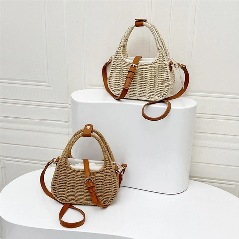 Stroh Eimer Tasche Mit PU Leder Griff Und Verstellbarem Schultergurt Kordelzug Innen Sommer Strand Urlaub Für Damen