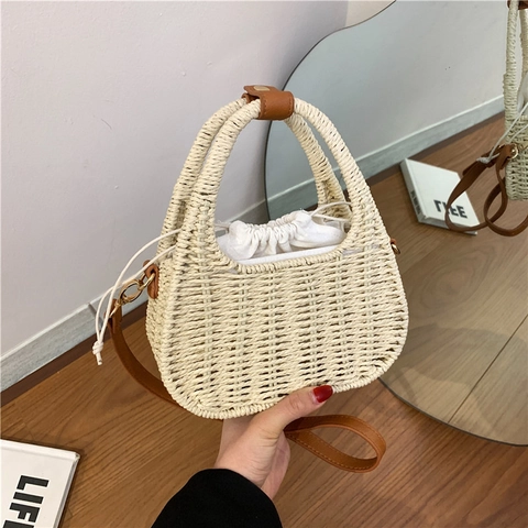 Stroh Eimer Tasche Mit PU Leder Griff Und Verstellbarem Schultergurt Kordelzug Innen Sommer Strand Urlaub Für Damen