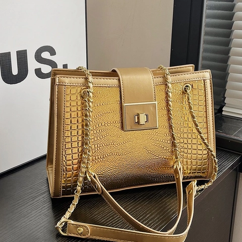 Sac À Main Grande Capacité Style Français Cuir PU Motif Crocodile Fermoir Métallique Bandoulière Chaîne Femmes