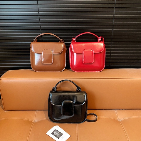 Vintage Glossy PU Leather Shoulder Bag Retro Flap Square Handbag With Top Handle And Adjustable Strap Solid Color