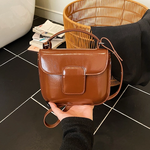 Vintage Glossy PU Leather Shoulder Bag Retro Flap Square Handbag With Top Handle And Adjustable Strap Solid Color
