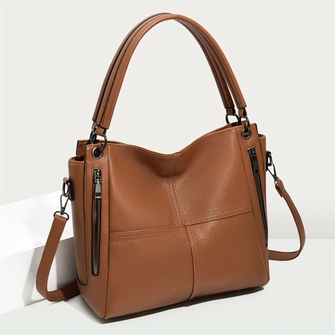 Bolso Tote de Cuero PU con Grano de Lichi para Mujer Vintage Gran Capacidad Bolso de Mano con Costuras Cruzadas y Cremalleras Laterales
