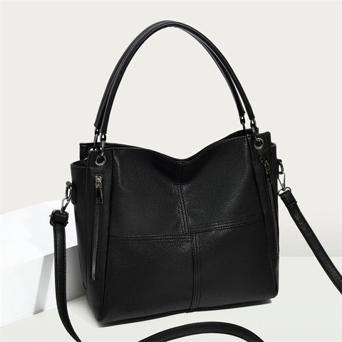Bolso Tote de Cuero PU con Grano de Lichi para Mujer Vintage Gran Capacidad Bolso de Mano con Costuras Cruzadas y Cremalleras Laterales