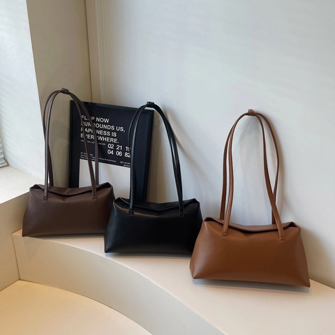Bolso Baguette De Axila De Cuero PU Minimalista Para Mujer Color Sólido Cierre Magnético Correas De Hombro Dobles Chic Diario