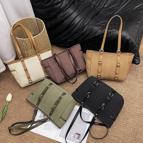 Large Capacity Women Tote Bag Retro Herringbone PU Leather Shoulder Bag For Commuting Minimalist Zipper Work Shopping