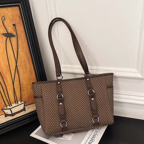 Large Capacity Women Tote Bag Retro Herringbone PU Leather Shoulder Bag For Commuting Minimalist Zipper Work Shopping