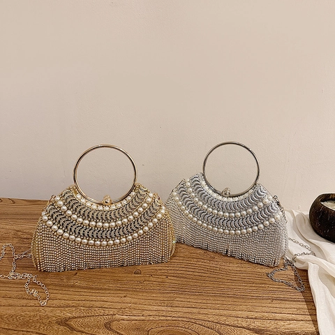 Bolso De Noche De Lujo Con Perlas Artificiales Sintéticas Y Borla De Diamantes De Imitación Mango De Metal Redondo Correa De Cadena