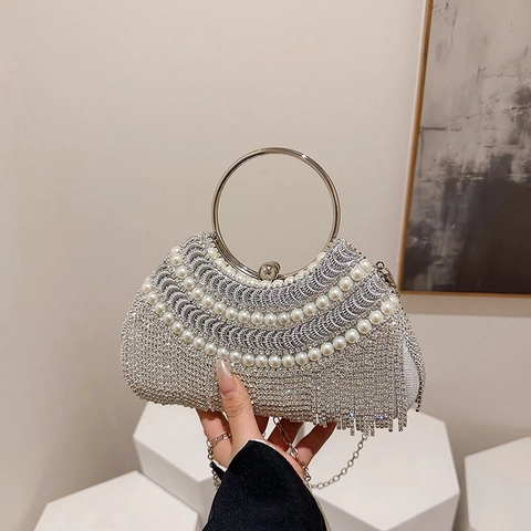 Bolso De Noche De Lujo Con Perlas Artificiales Sintéticas Y Borla De Diamantes De Imitación Mango De Metal Redondo Correa De Cadena