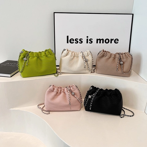 Women Woven PU Leather Cloud Shoulder Bag Pleated Drawstring Crossbody Bag With Adjustable Chain Strap Metal Ball