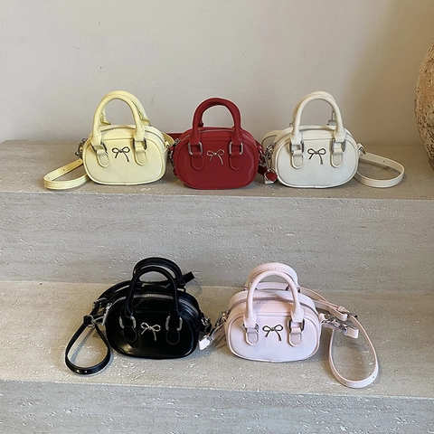 Mini Handbag Crossbody Bag For Women PU Leather Metal Bow Decor Simple Elegant Top Handle Shoulder Bag