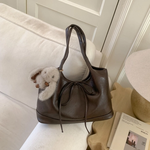 Retro PU Leather Underarm Shoulder Bag Large Capacity Minimalist Style With Bow Decor And Plush Rabbit Charm
