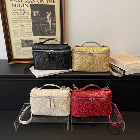 Bolso Caja de Mujer de Cuero PU con Textura Trenzada Bolso Bandolera Cuadrado Pequeño con Asa Superior Doble Cremallera Moda