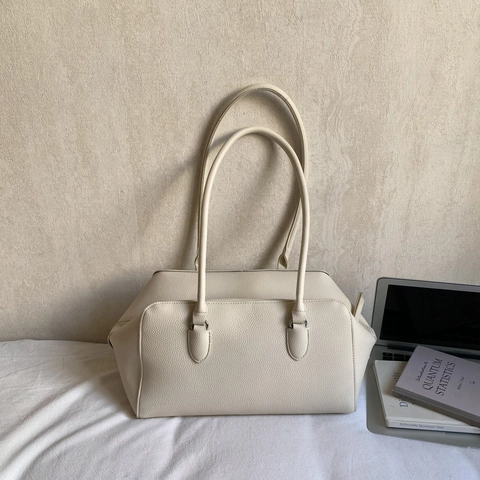 Damen Umhängetasche PU Leder Litchi Narbung Große Kapazität Minimalistische Pendler Handtasche Schicke Vintage Bowling Tote