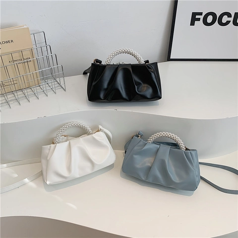 Women Ruched Cloud Pouch Handbag PU Leather With Artificial Pearl Beaded Handle Elegant Crossbody Shoulder Bag Fashion Versatile