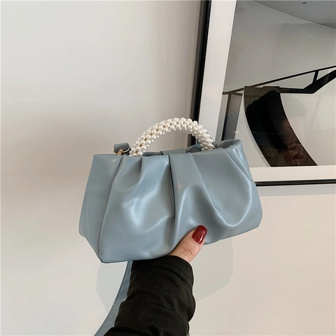 Women Ruched Cloud Pouch Handbag PU Leather With Artificial Pearl Beaded Handle Elegant Crossbody Shoulder Bag Fashion Versatile